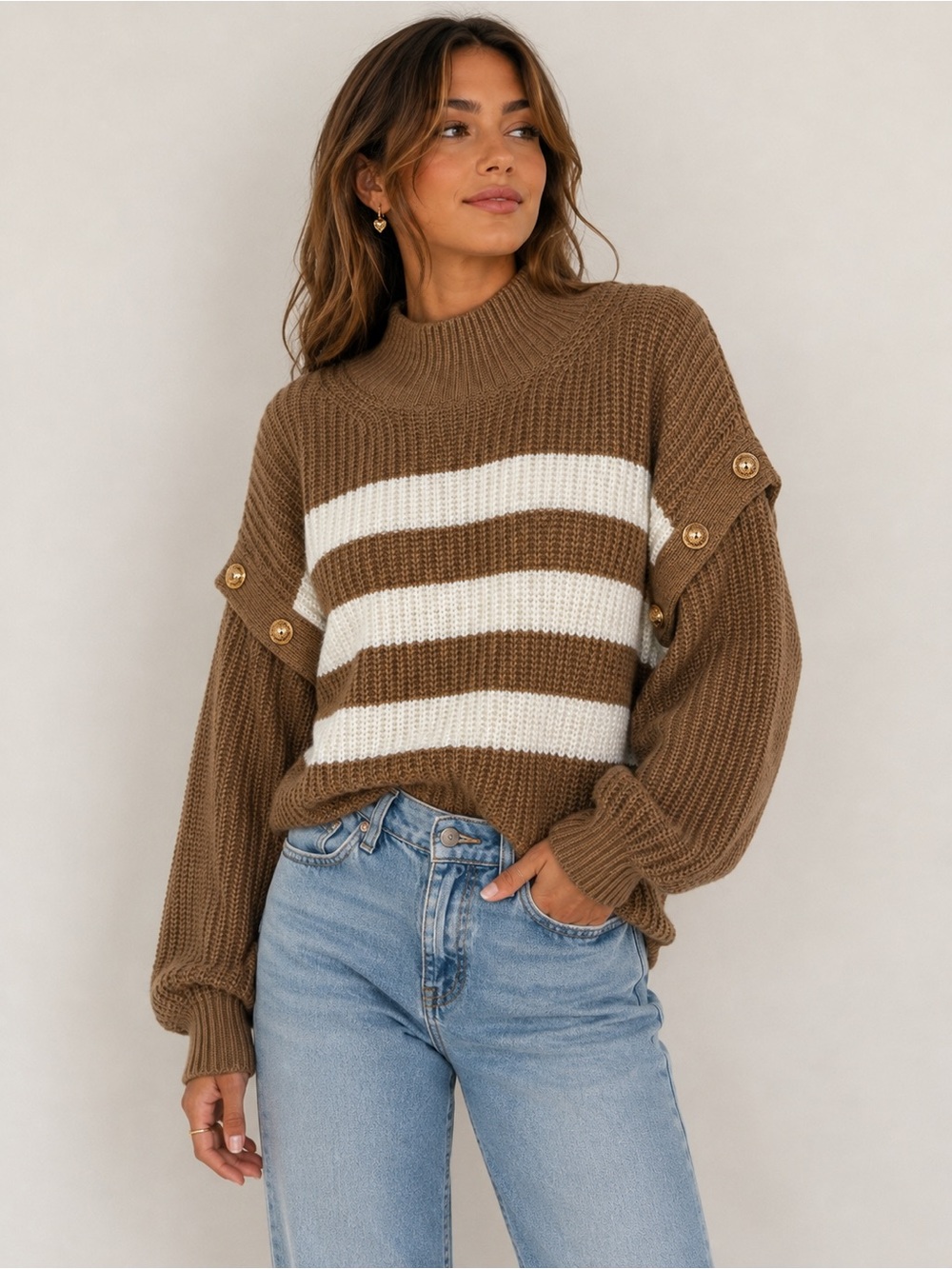 Hem & Thread Striped Mock Neck Sweater in Brown and Cream gold buttons size L